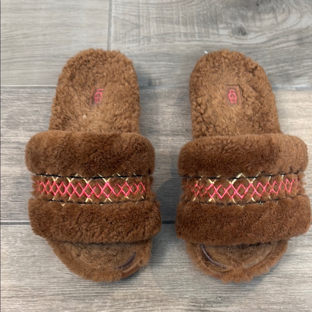 UGG Brown Fuzzy Slide Sandals